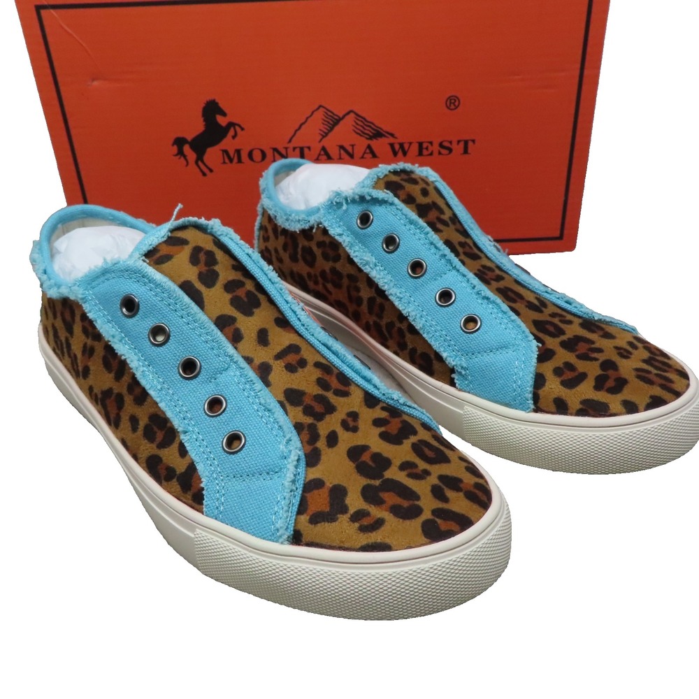 Montana West Tooled Leopard Canvas Shoes 8 Blue Brown Western Cowgirl Hippie NIB